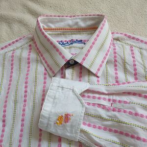 Robert Graham Shirt Mens 43 17 Pink Striped Embroidered Flip Cuff ButtonUp Whale